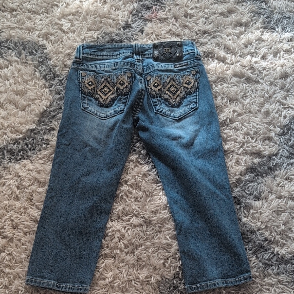 Miss Me Blue Cropped Jeans with Gold Embroidery